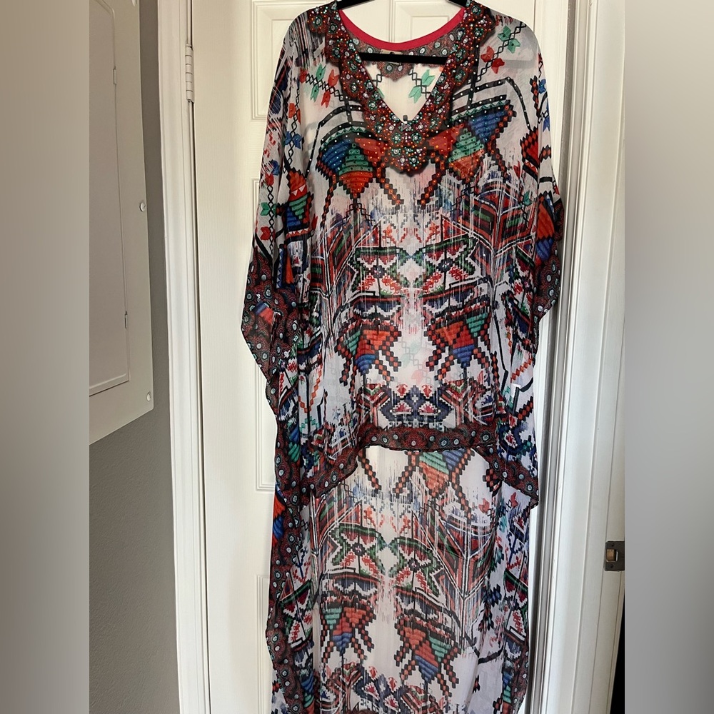 Multicolor Geometric Pattern Kaftan tunic top or swim cover up